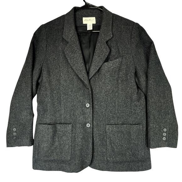 Vtg Eddie Bauer Blazer L Petite Women Wool Angora Menswear Style Oversized Gray - Picture 1 of 14